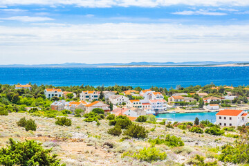 Croatia, village of Simuni on the island of Pag, panoramic view of beautiful Adriatic seascape and marina