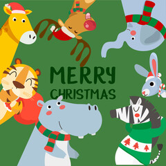 Merry Christmas greeting card with Tiger, rabbit, hippopotamus, giraffe and zebra. Cute holiday cartoon character vector. Happy new year.
