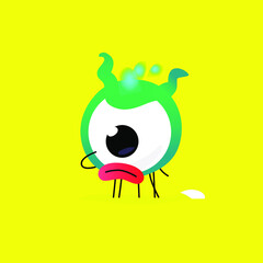 Illustration of a cute, lovely big-eyed monster character. Vector. Mascot for the company. Abstract creature. Character is isolated on a yellow background. Children's cartoon image, drawing of a monst
