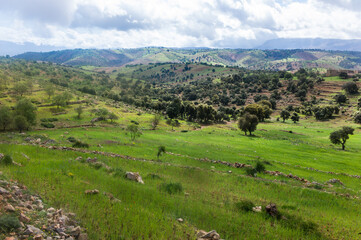 View of the fertile valley in the Atlas Mountains in Morocco. Valleys supplied by irrigation make agriculture possible