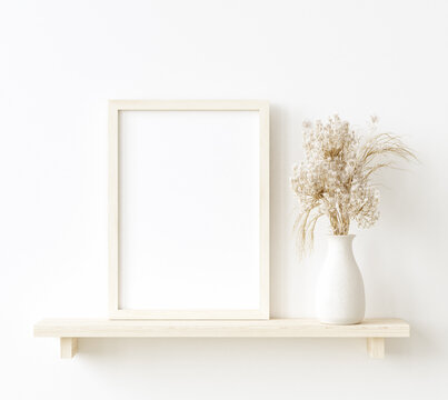 Mock up frame in home interior background, white room with natural wooden furniture, Scandi-Boho style, 3d render © artjafara