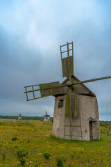 Countryside in Gotland. View with windmills and beautiful Swedish nature. Summer in Sweden