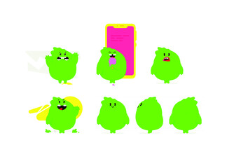 Illustration of a green kawaii monster. Vector. Cute cartoon baby dragon. Toy rubber mascot for the company. Character for animation. Emotions of a good, evil and friendly monster.
