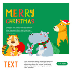 Merry Christmas. Christmas Cute Animals Character. Happy Christmas Companions. Tiger, rabbit, hippopotamus, giraffe and zebra scene.