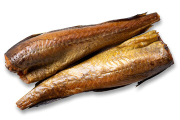 Two hot smoked pollock fish isolated on white background. Top view.