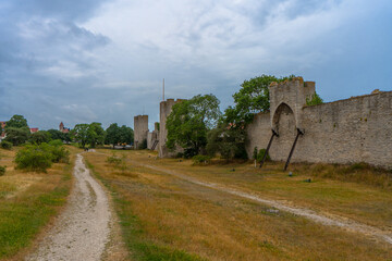 Visby old town wall. Photo of medieval architecture. Gotland. Sweden