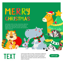 Merry Christmas. Christmas Cute Animals Character. Happy Christmas Companions. Tiger, rabbit, hippopotamus, giraffe and zebra scene.