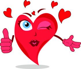 cool funny heart action character giving a big thumbs up with a kiss