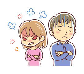 彼女・妻の機嫌が悪くて困る男性のイラスト（カップル・恋愛・婚活・恋活）