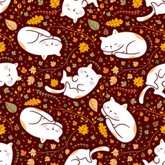 Cute autumn cats sleeping on leaves seamless pattern