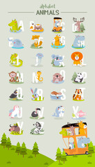 Animal alphabet graphic A to Z. Cute vector Zoo alphabet with animals in cartoon style.