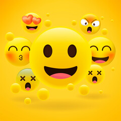 Realistic yellow emoticons in front of a white background. Cartoon emoji collection. 3d style vector illustration isolated on background.