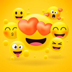 Cartoon emoji collection. Set of emoticons with different mood. 3d style vector illustration isolated on yellow background.