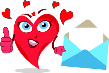 supercool funny heart lovely character holding open envelope showing thumbs up