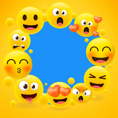 Cartoon emoji collection. Set of emoticons with different mood. 3d style vector illustration isolated on yellow background.