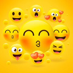 Cartoon emoji collection. Set of emoticons with different mood. 3d style vector illustration isolated on yellow background.