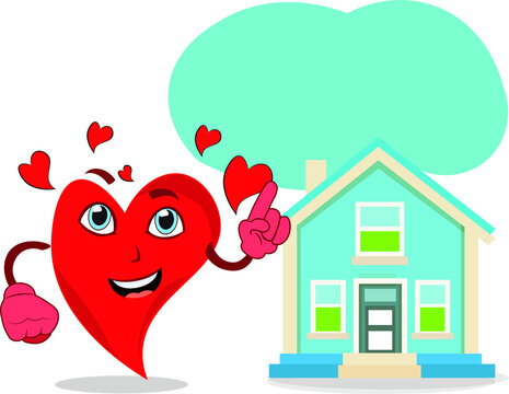 super cool funny heart lovely character pointing bubble house in front