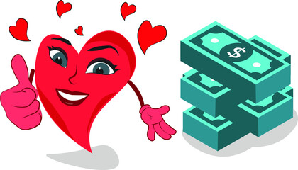 heart character showing thumbs up with money bundles dollar