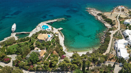Aerial drone panoramic photo of famous seaside area of Agios Aimilianos resort area, Porto Heli, Argolida, Greece