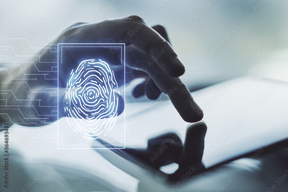 Aufkleber Multi exposure of abstract creative fingerprint illustration with finger presses on a digital tablet on background, digital access concept
