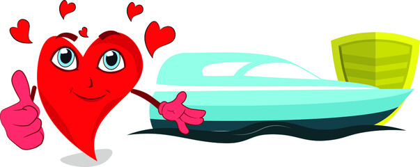 happy funny character love heart presenting motor boat insurance protection security