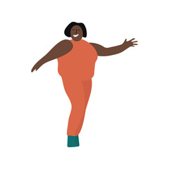 Happy dark girls are dancing. Love your body. Body positive. Attractive overweight woman. Vector illustration.