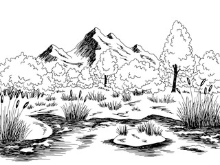 Bog swamp graphic black white landscape sketch illustration vector - obrazy, fototapety, plakaty
