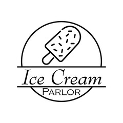 Concepto heladería. Logo lineal con texto Ice Cream Parlor en círculo con helado con paleta en color negro