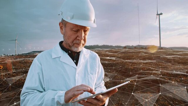 Professional Engineer cheching update data of Ecology technology system on tablet. Wind turbines on background. Future eco concept, augmented reality of industrial development. AI Plexus animation