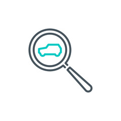 Rent Car with magnifier glass outline flat icon. Single quality outline logo search symbol for web design mobile app. Thin line design lease auto check logo. Loupe lens icon isolated white background