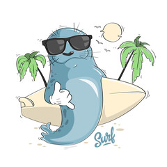 Cartoon seal with surf board and sunglasses, aloha vector design © rosovskyi