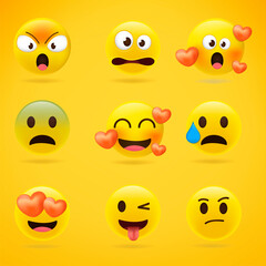Cartoon emoji collection. Set of emoticons with different mood. 3d style vector illustration isolated on yellow background.