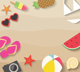 Summer vector beach background with flat colorful icons. Sand background with watermelon slice, sunglasses, starfish, camera, beach ball and more
