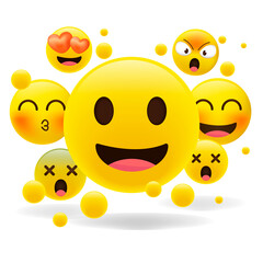 Realistic yellow emoticons in front of a white background. Cartoon emoji collection. 3d style vector illustration isolated on white background.
