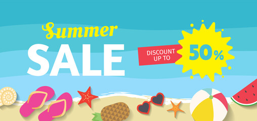 Summer Sale banner design with colorful summer beach items on sand. Discount up to 50%. - Vector illustration
