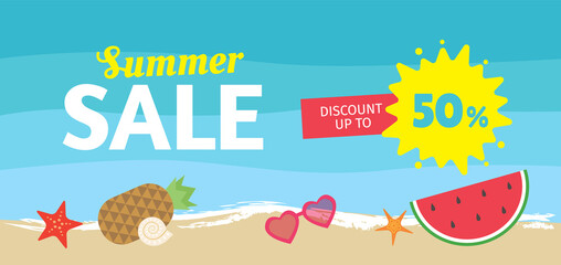 Fototapeta premium Summer Sale banner design concept with watermelon, sea stars, sunglasses and shell on sand. Discount up to 50%. - Vector illustration