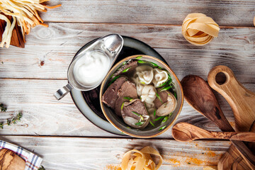 Kazakh style soup sorpa with kazy horse meat 