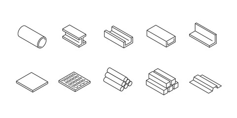 Rolled metal - set of isometric icons in thin line style for industry and metallurgy © Dmitry Kovalchuk