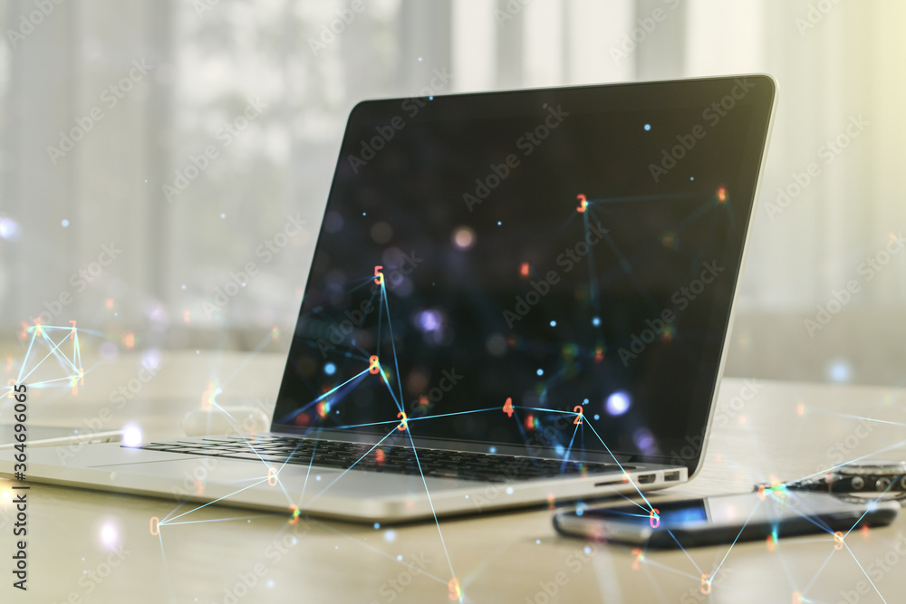 Poster Creative concept of wireless technology on modern laptop background. Big data and database concept. Multiexposure