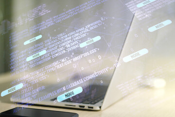 Multi exposure of abstract creative coding sketch with world map on modern laptop background, artificial intelligence and neural networks concept