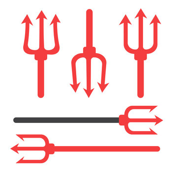 Tridents harpoons. Pitchfork devil set. Trident devil icon