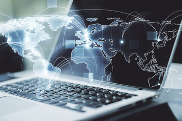 Abstract graphic digital world map with connections on modern computer background, globalization...