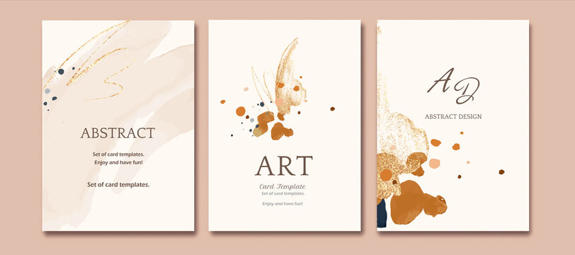 Set of card with abstract shape, splash gold. Wedding watercolor concept. Neutral poster, invite. Vector decorative greeting card or invitation design background