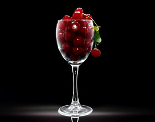 Full wine glass of ripe cherries on a black background. Natural product. Natural color. Close-up.