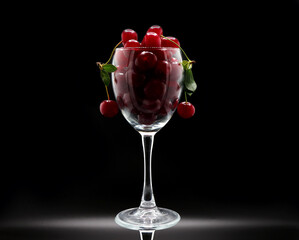 Full wine glass of ripe cherries on a black background. Natural product. Natural color. Close-up.