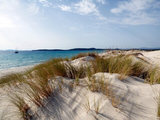 Sardinia Porto Pino, view of the dune beach with vegetation, in the background the sea.
