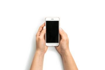 Fototapeta na wymiar Smartphone screen. Woman holding phone in female hand with empty blank screen isolated on white background. Cellphone with space for text. Smartphone book concept.