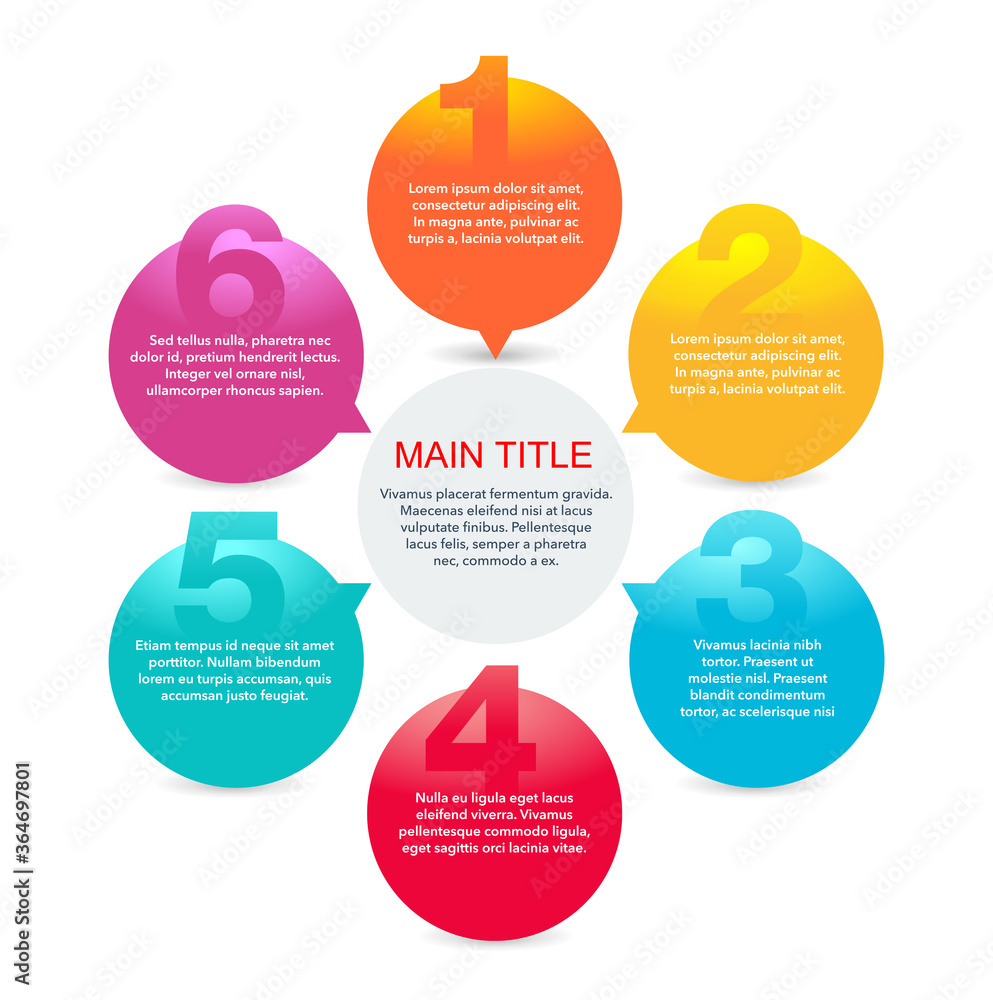 Poster 6 steps infographic template (6 points, five options) with colorful circular options fragments conne