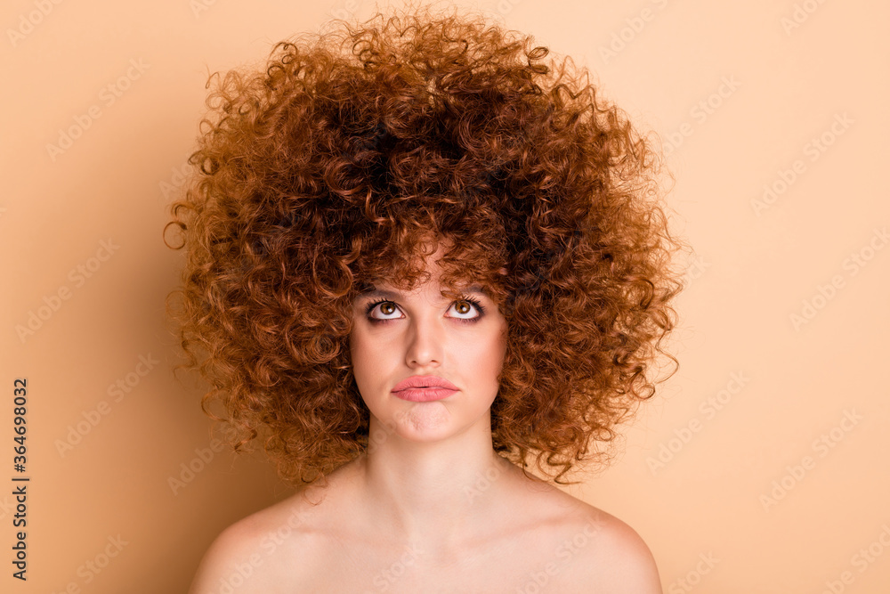 Poster Close up photo beautiful she her wear no clothes nude lady displeased look up observe curls procedure stylist perms roller curlers tint terrible condition result speechless isolated beige background