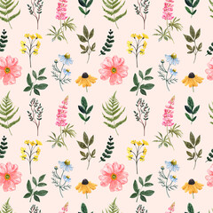Colorful floral seamless pattern with wild flowers on pastel pink background. Watercolor wildflowers, herbs, green leaves illustration. Cute summer botanical print.